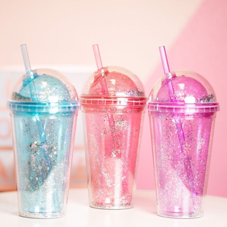 Double Lid Glitter Tumbler - Pink